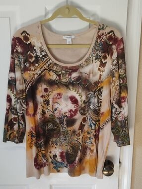 Dressbarn Size 2X Floral Sequined 3/4 Sleeve Blouse Size 2X 100% Cotton